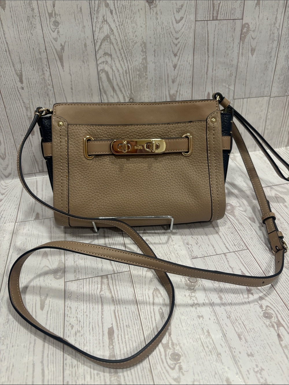 Coach Swagger Tan and Navy Leather Swagger Wristlet with Crossbody Strap